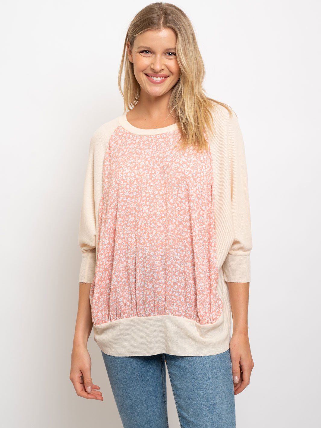 WOMEN'S RAGLAN WIDE SLEEVES CONTRAST DETAIL TOP