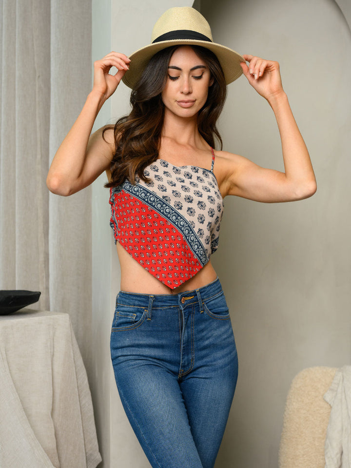 WOMEN'S SMOCK SLEEVELESS MULTI PRINT BANDANA STYLE TOP