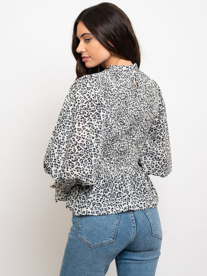 WOMEN'S LONG SLEEVE SMOCKING ANIMAL PRINT TOP