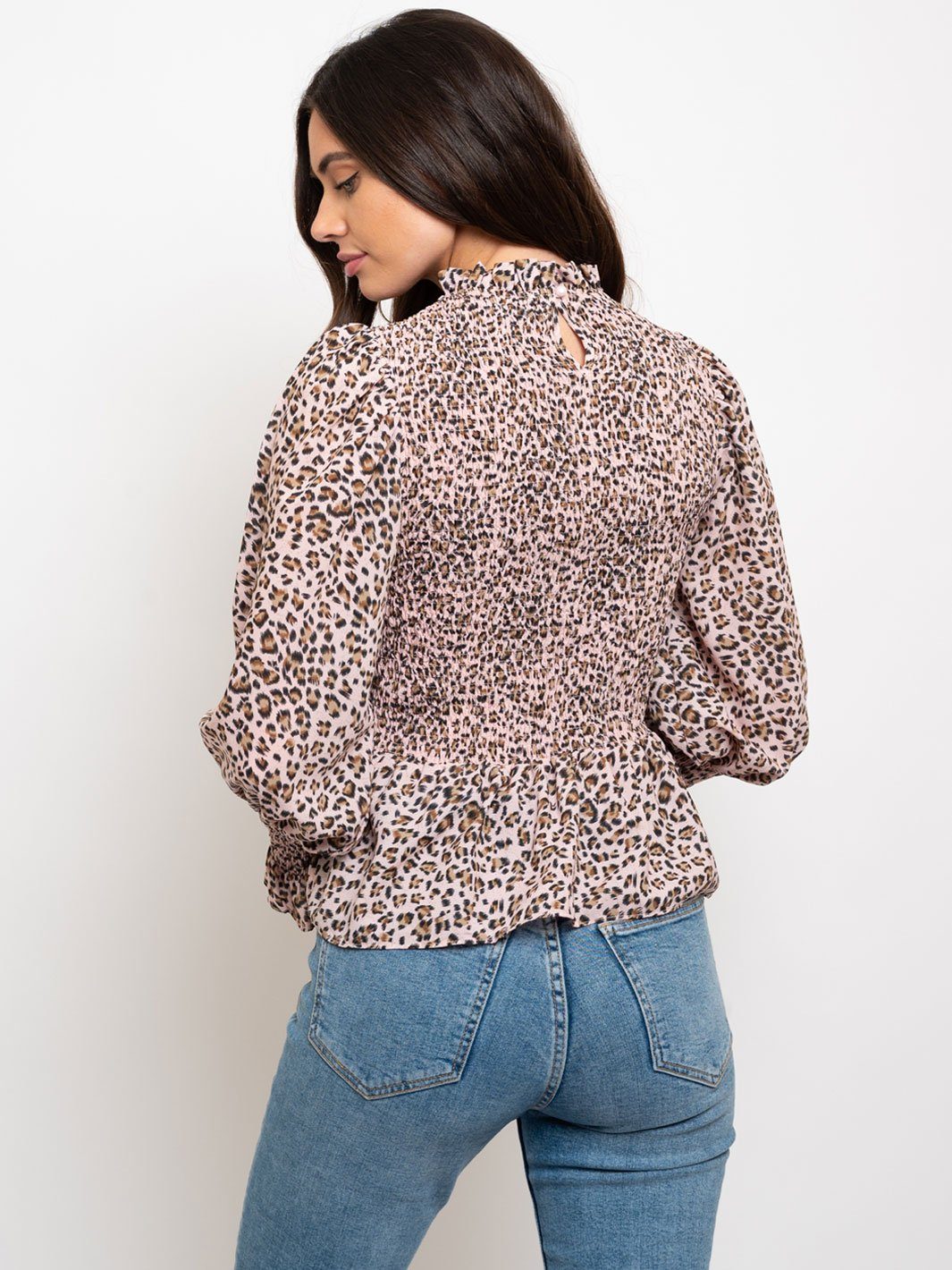 WOMEN'S LONG SLEEVE SMOCKING ANIMAL PRINT TOP