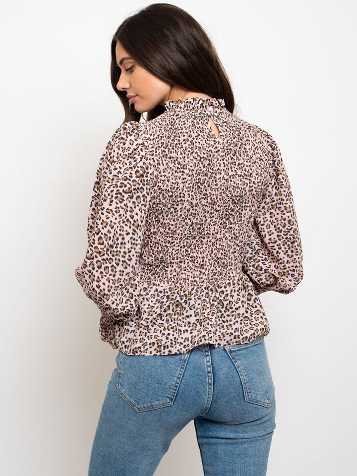 WOMEN'S LONG SLEEVE SMOCKING ANIMAL PRINT TOP