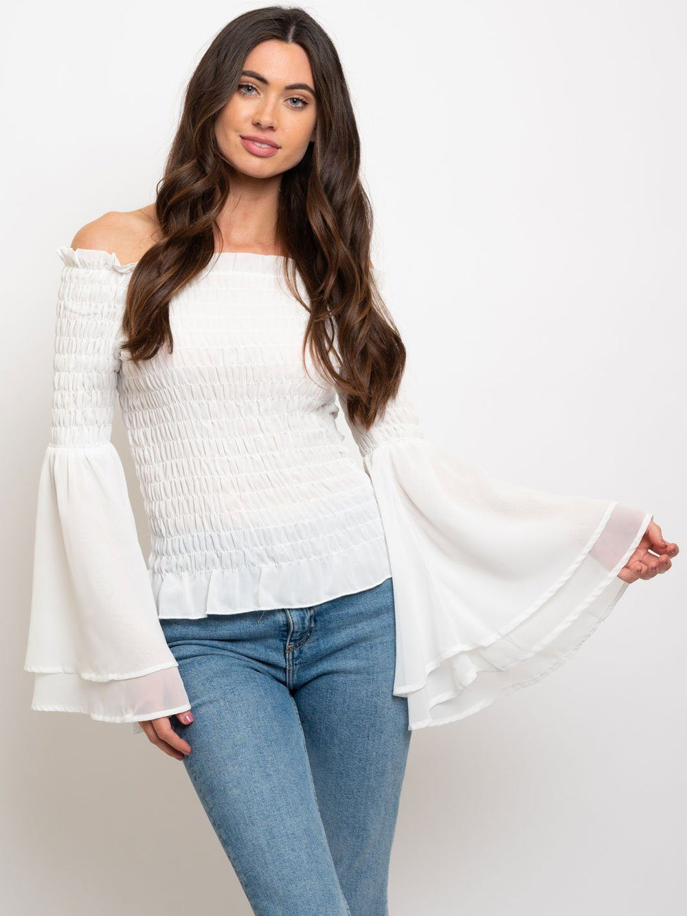 WOMEN'S SMOCKED OFF SHOULDER BELL SLEEVE TOP