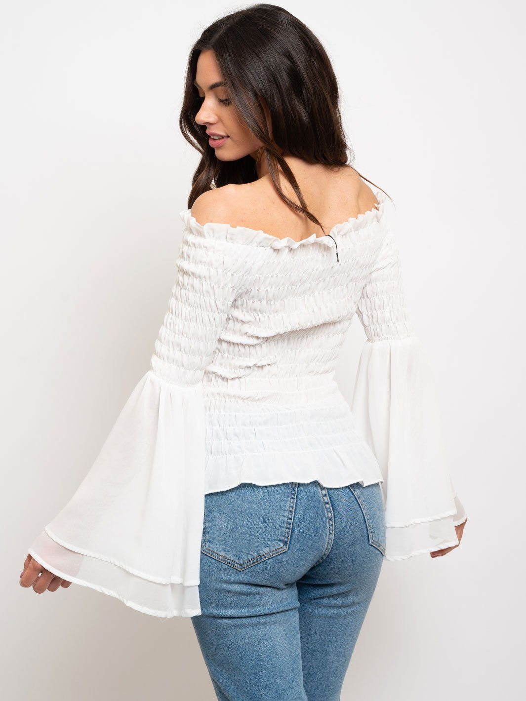 WOMEN'S SMOCKED OFF SHOULDER BELL SLEEVE TOP