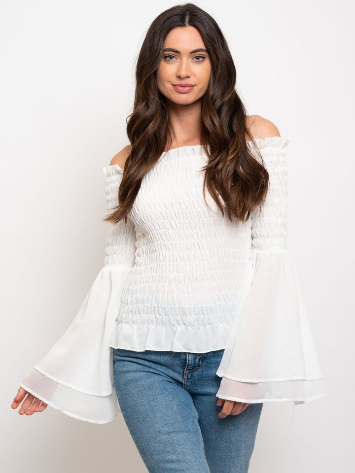 WOMEN'S SMOCKED OFF SHOULDER BELL SLEEVE TOP