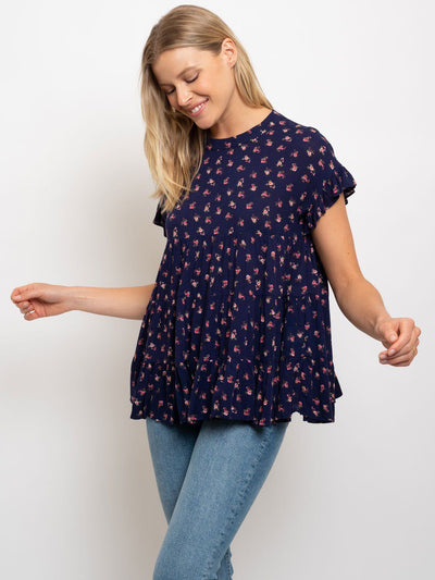WOMEN'S FLORAL BABY DOLL WITH RUFFLE SLEEVE TOP