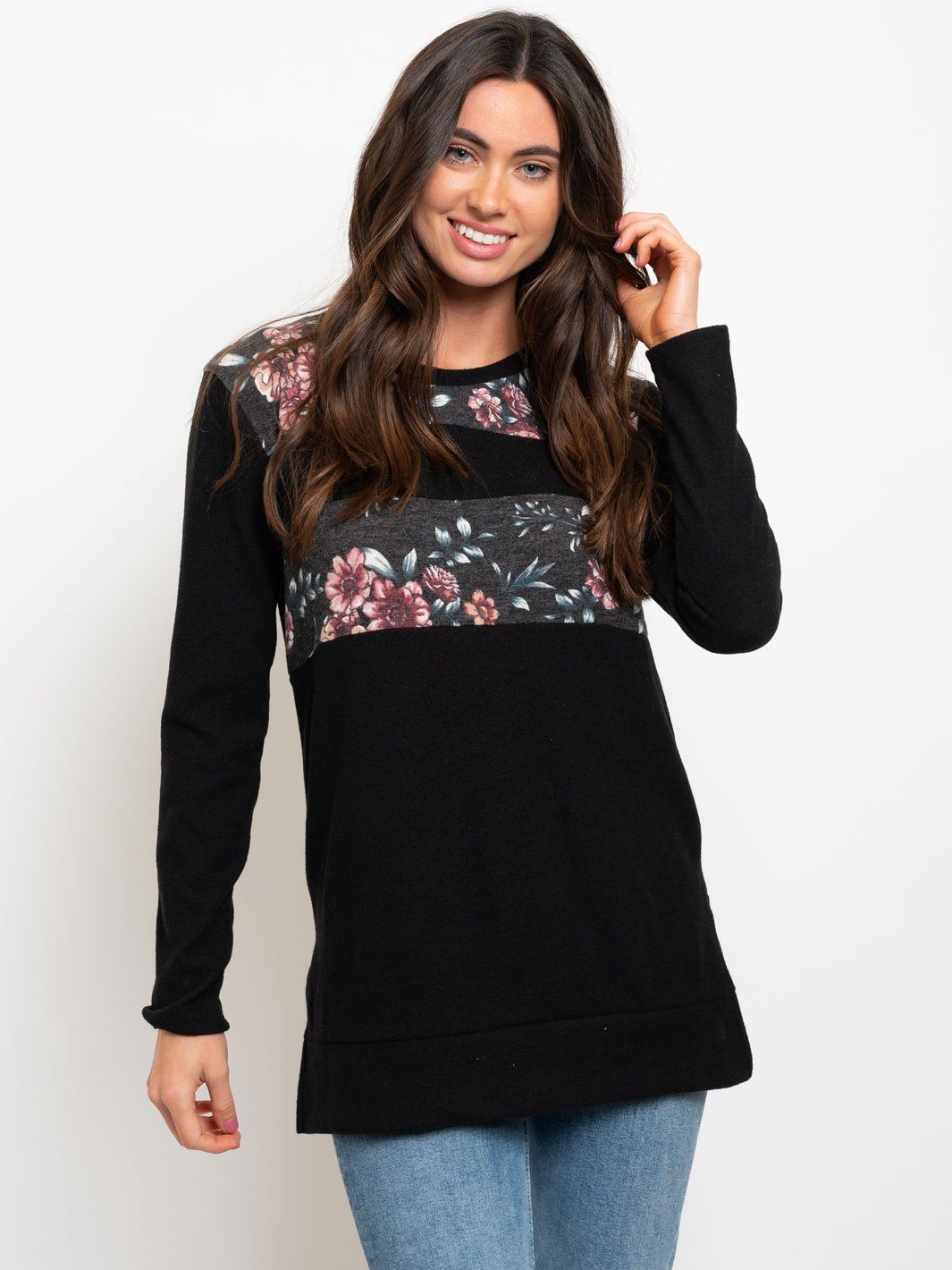 WOMEN'S LONG SLEEVE SOLID AND FLORAL MIX TOP