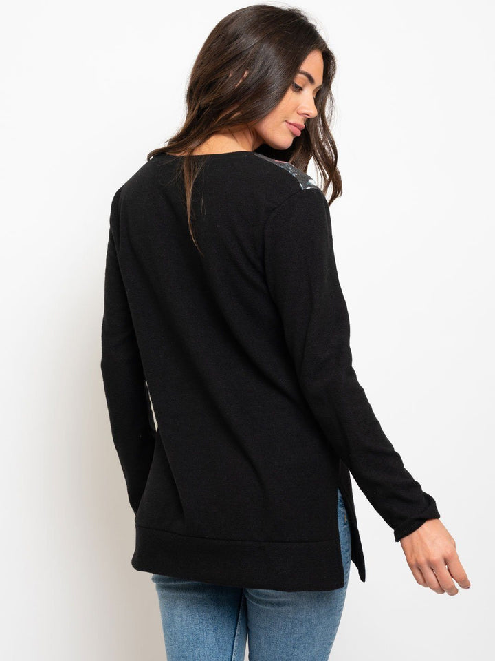 WOMEN'S LONG SLEEVE SOLID AND FLORAL MIX TOP