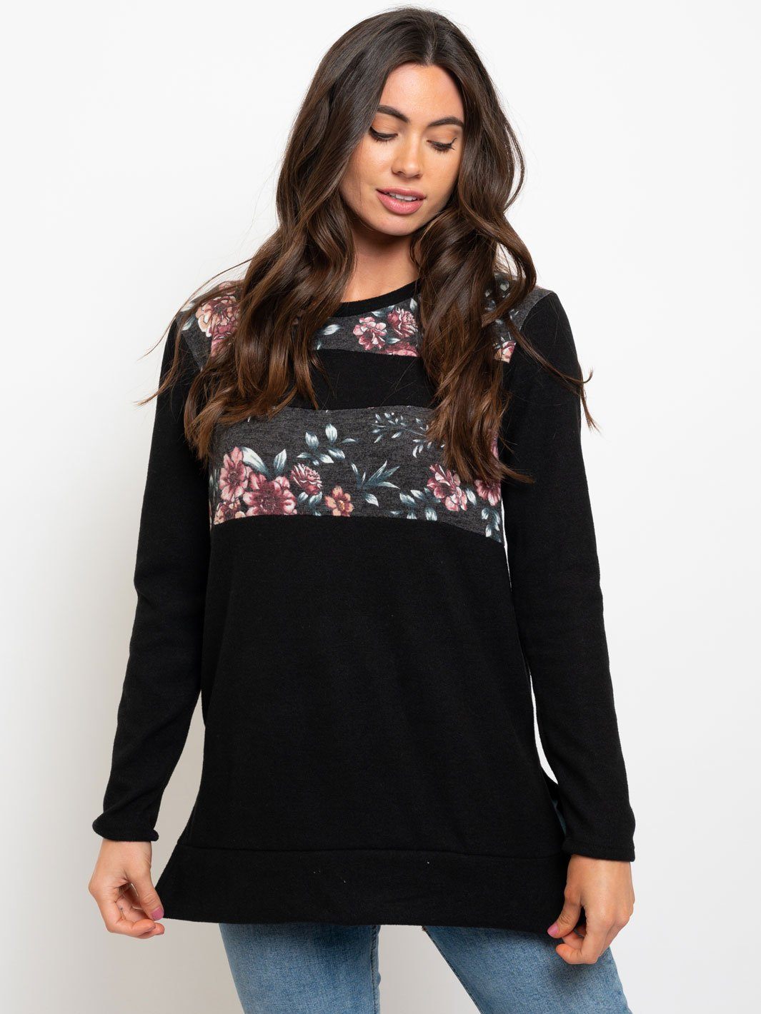 WOMEN'S LONG SLEEVE SOLID AND FLORAL MIX TOP