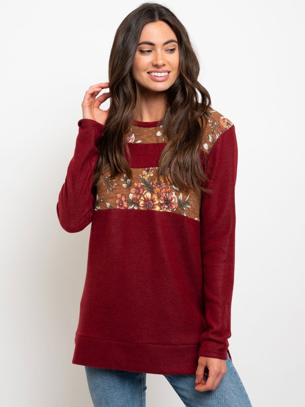 WOMEN'S LONG SLEEVE SOLID AND FLORAL MIX TOP