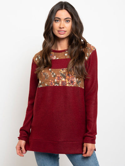 WOMEN'S LONG SLEEVE SOLID AND FLORAL MIX TOP