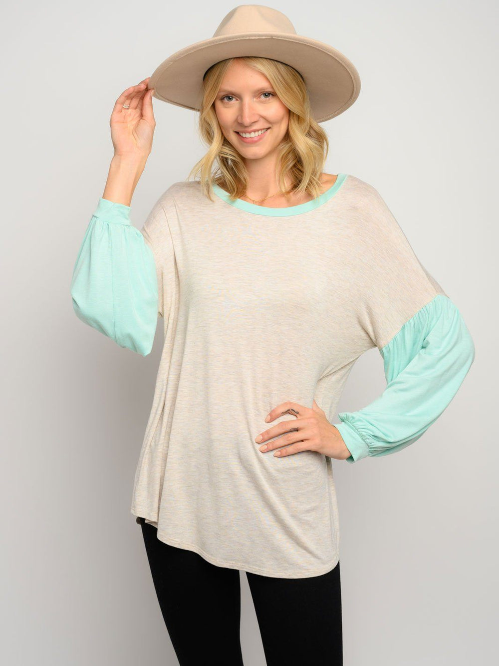 WOMEN'S PUFF LONG SLEEVE CONTRAST TOP