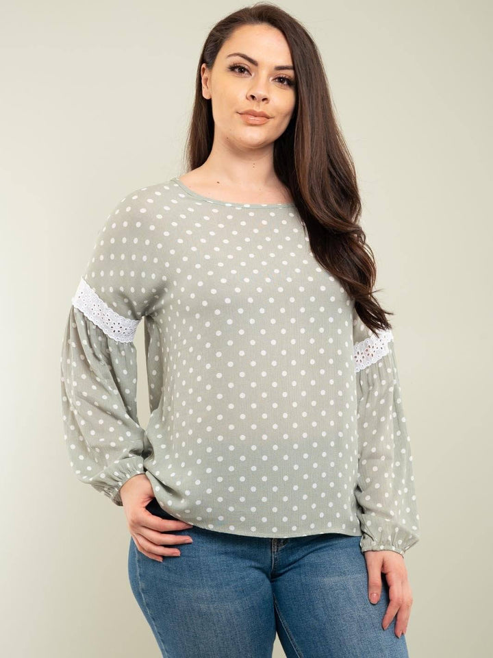 PLUS SIZE POLKA DOTS LONG SLEEVE TOP