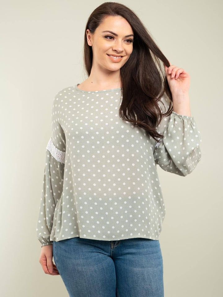 PLUS SIZE POLKA DOTS LONG SLEEVE TOP