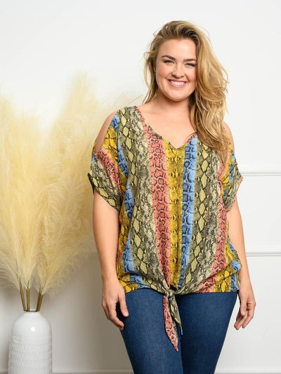 PLUS SIZE RAINBOW SNAKE SKIN COLD SLEEVE TOP