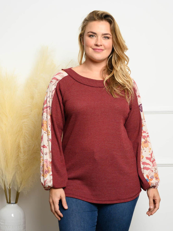 PLUS SIZE SOLID WAFFLE CONTRAST PRINT TOP