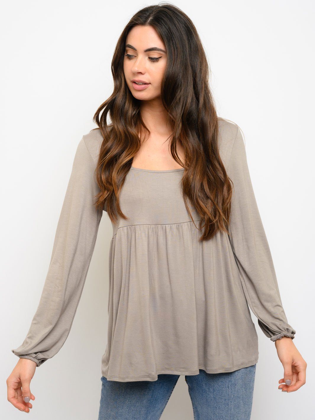 WOMEN'S SOLID SQUARE NECK LONG SLEEVE TOP