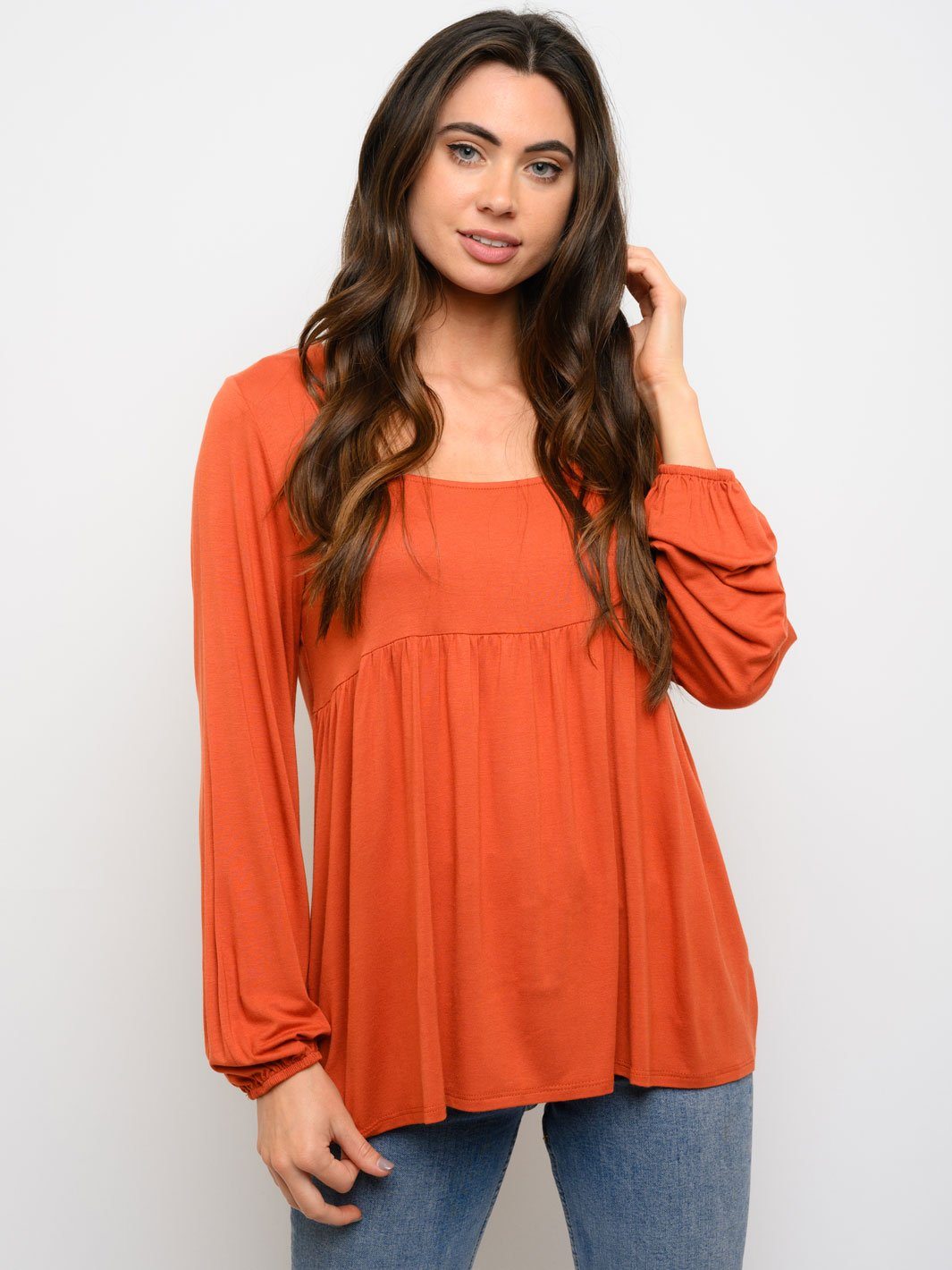 WOMEN'S SOLID SQUARE NECK LONG SLEEVE TOP