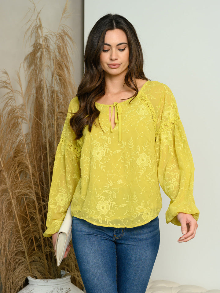 WOMEN'S LONG SLEEVE LACE TRIMMED EMBROIDERY TOP