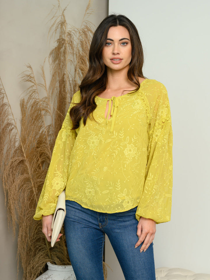 WOMEN'S LONG SLEEVE LACE TRIMMED EMBROIDERY TOP