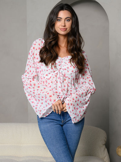 WOMEN'S LONG BELL SLEEVE FRONT RUCHING FLORAL TOP