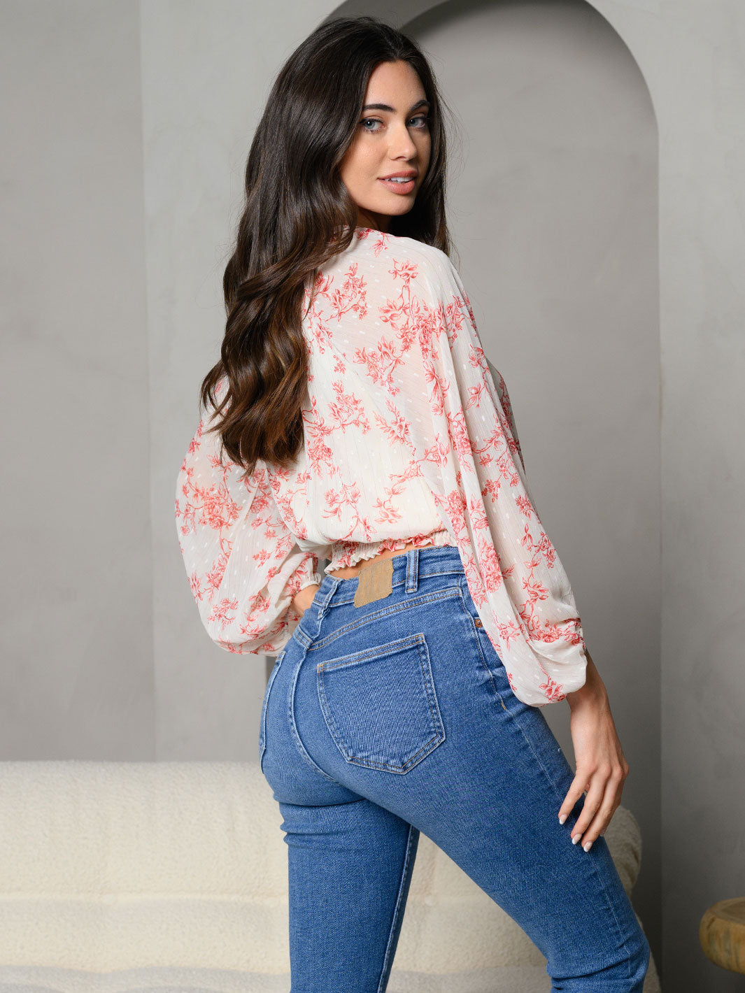 WOMEN'S SURPLICE SMOCK WAIST FLORAL LONG SLEEVE TOP