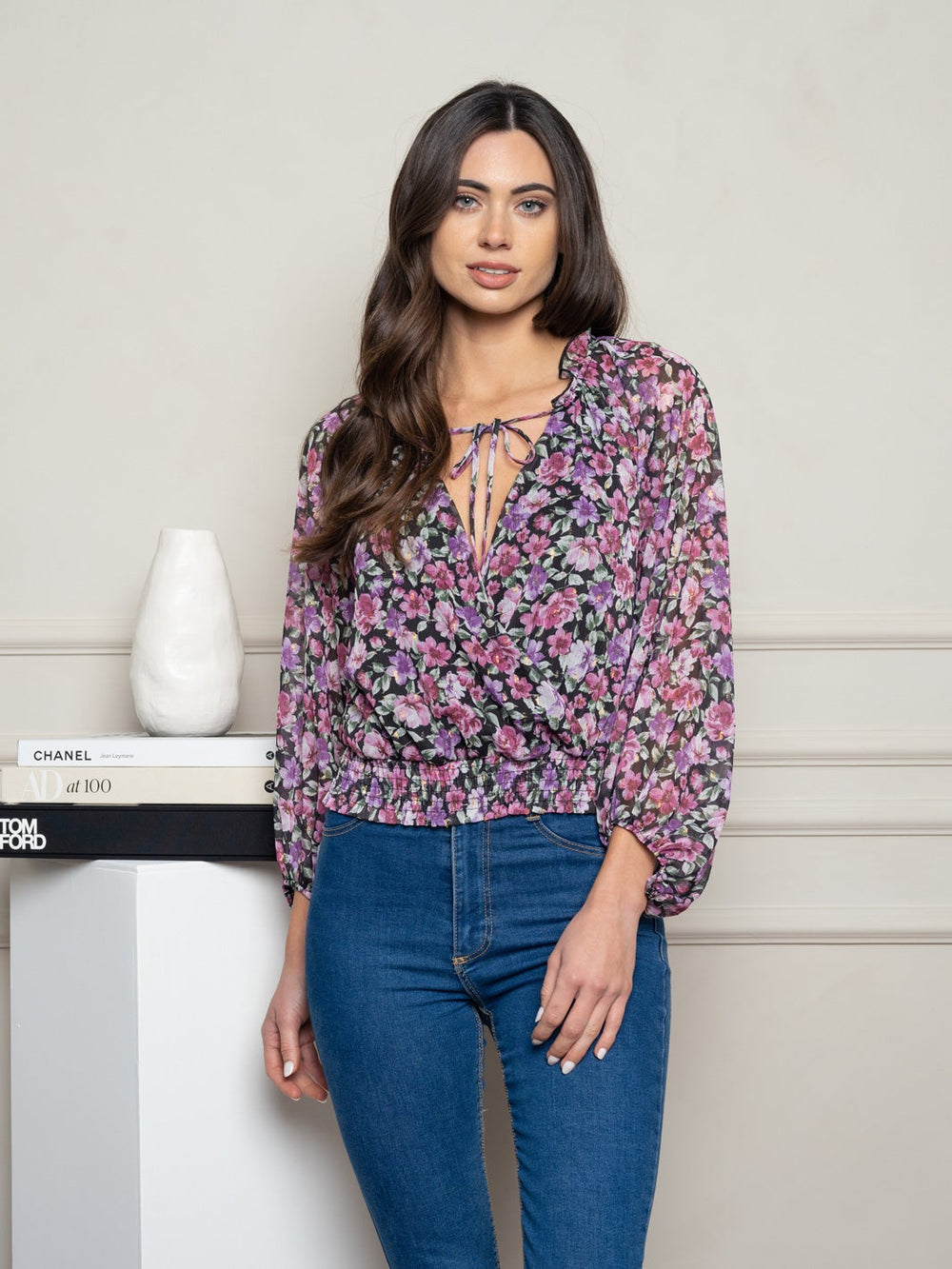 WOMEN'S LONG SLEEVE FLORAL WOVEN TOP