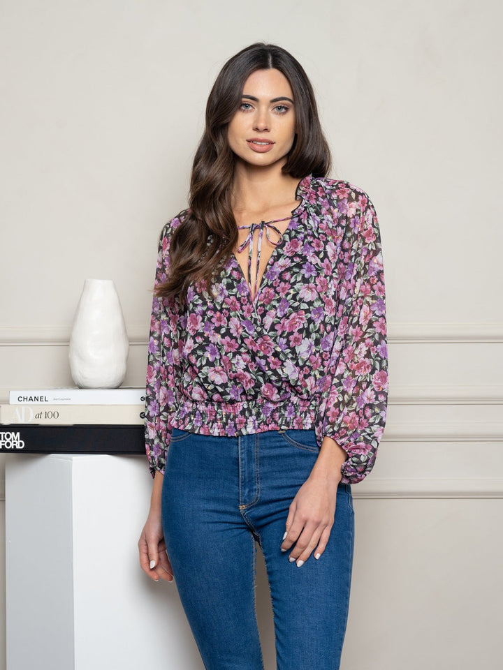 WOMEN'S LONG SLEEVE FLORAL WOVEN TOP