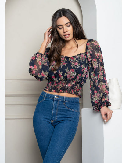 WOMEN'S LONG SLEEVE SMOCK FLORAL TOP
