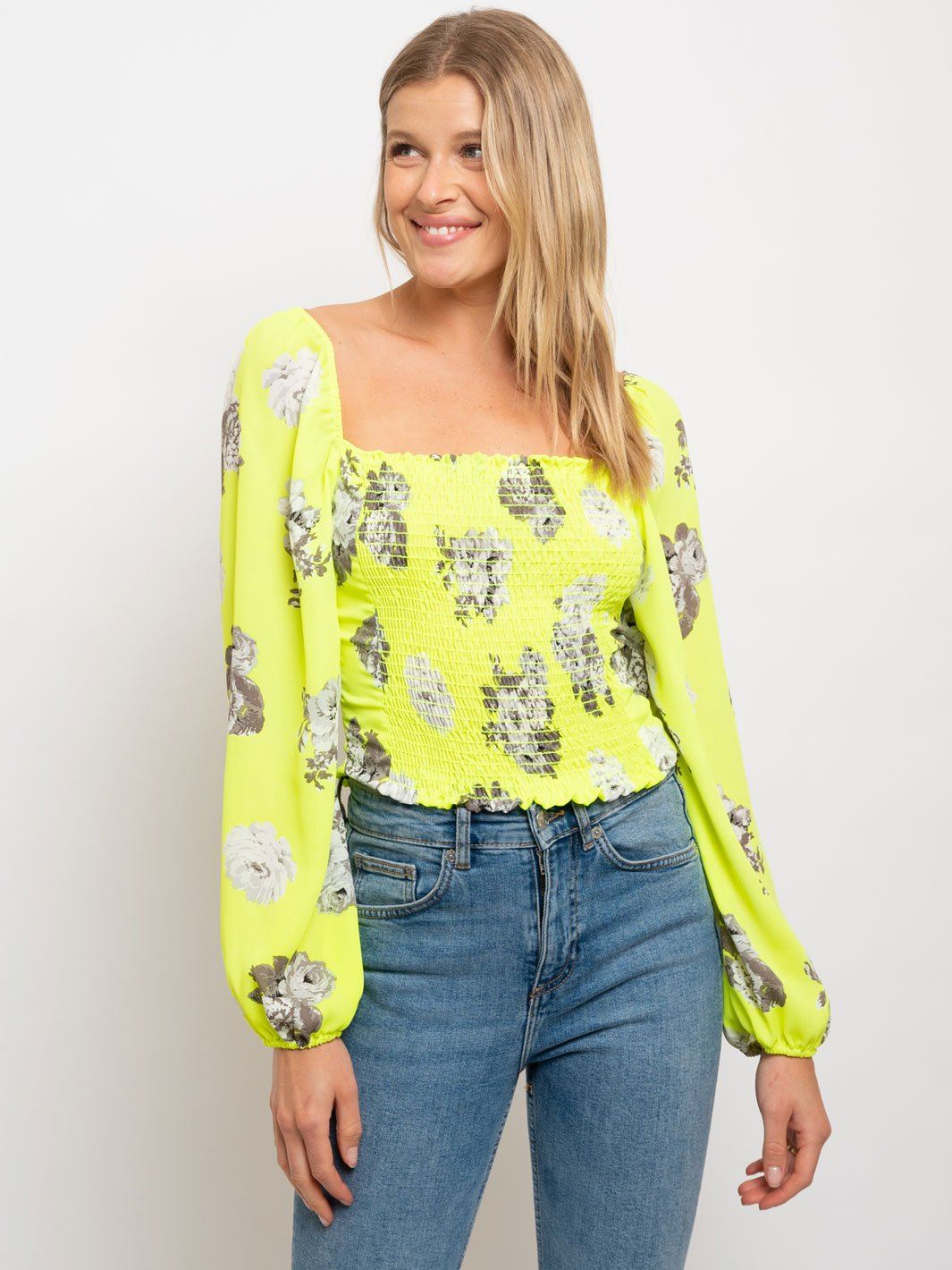 WOMEN'S NEON LONG SLEEVE FLORAL TOP