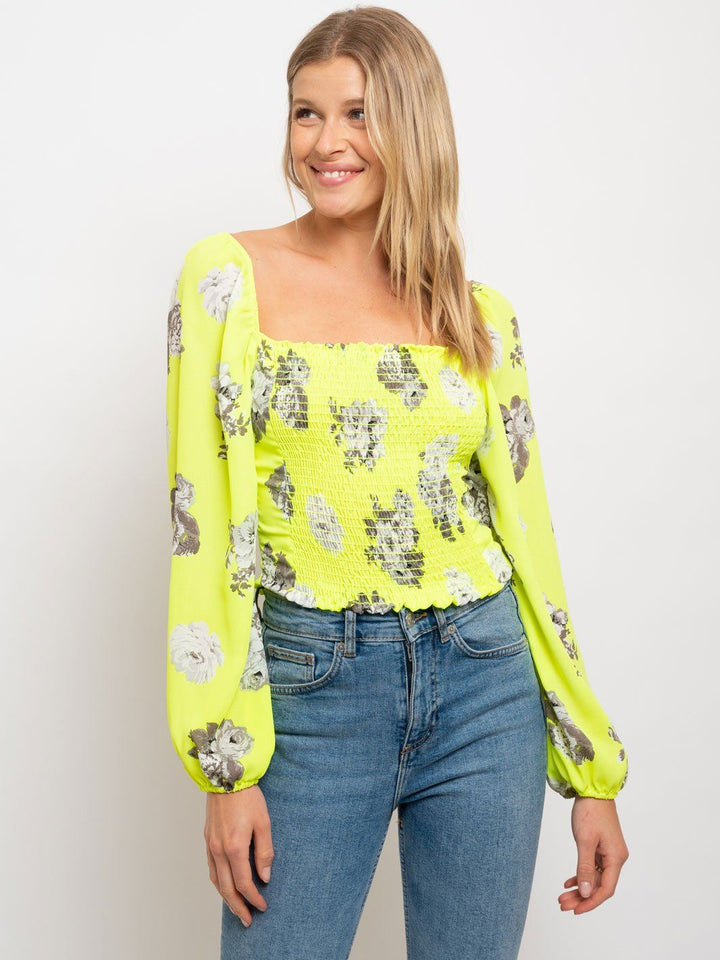 WOMEN'S NEON LONG SLEEVE FLORAL TOP
