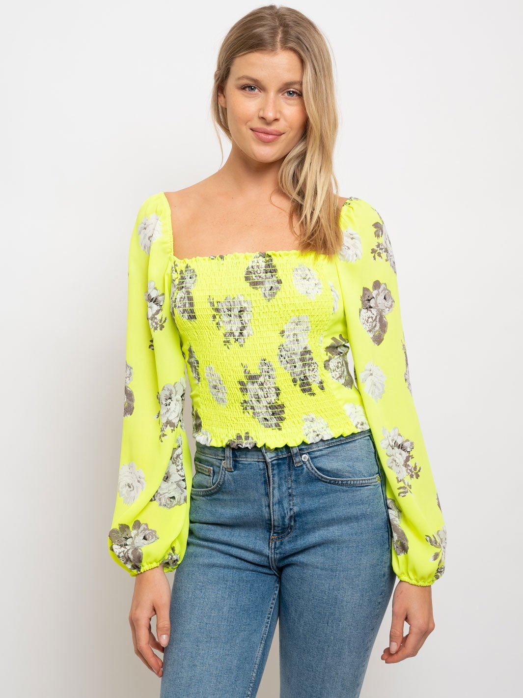 WOMEN'S NEON LONG SLEEVE FLORAL TOP