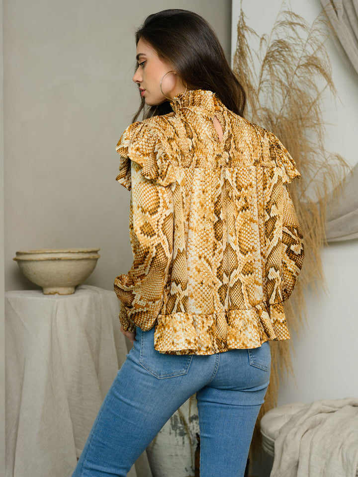 WOMEN'S LONG SLEEVE RUFFLE ANIMAL PRINT TOP