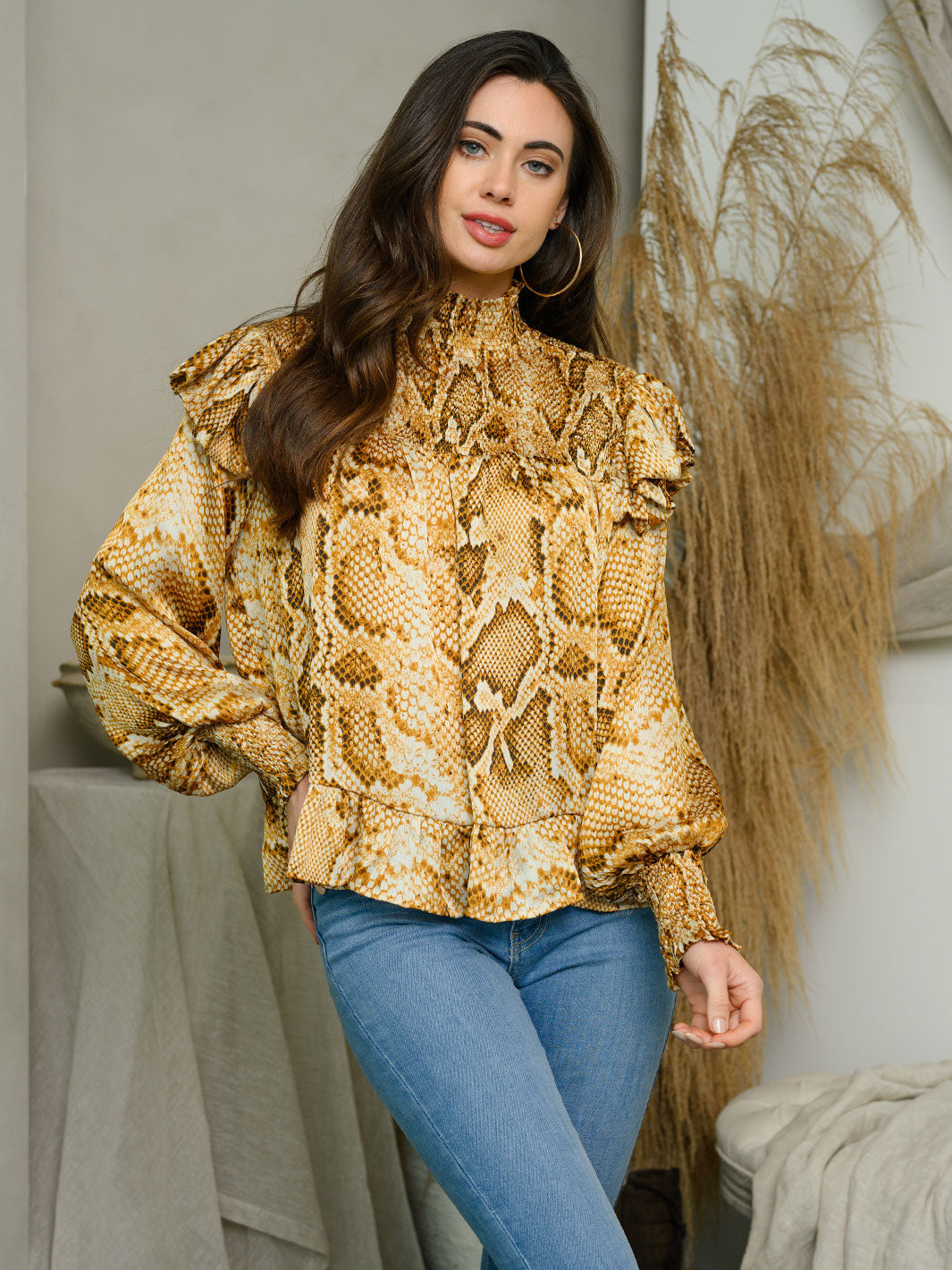 WOMEN'S LONG SLEEVE RUFFLE ANIMAL PRINT TOP