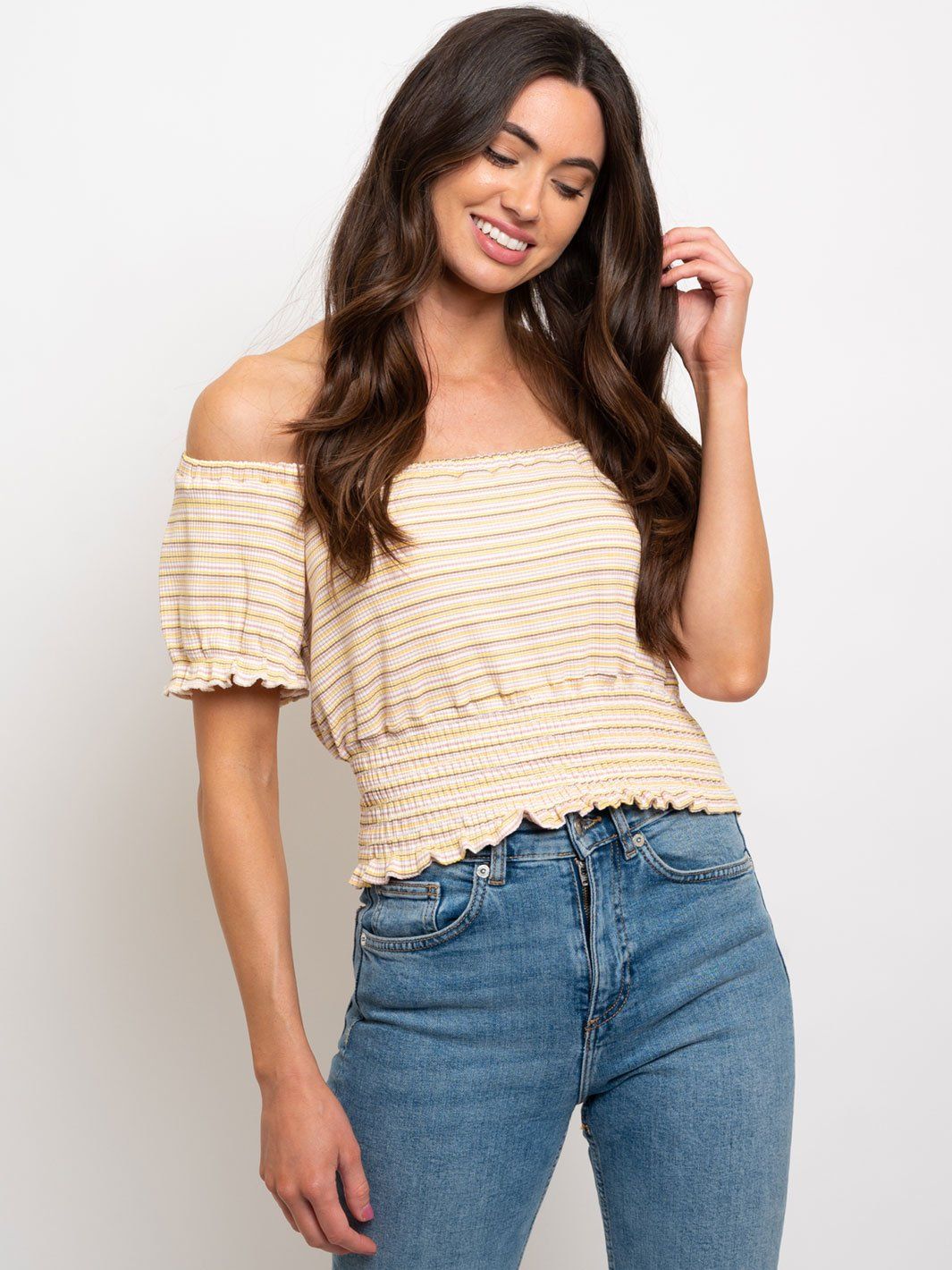 WOMEN'S MULTI STRIPES SQUARE NECK OFF SHOULDER TOP