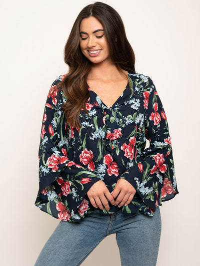 WOMEN'S LONG SLEEVE FLORAL PRINT W/ FRONT TIE TOP