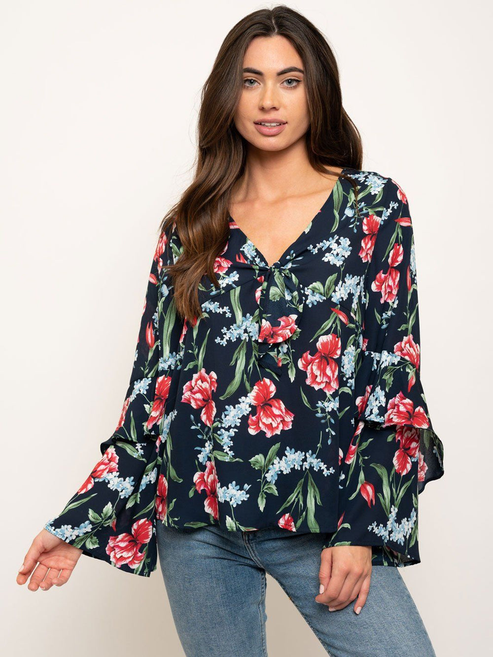 WOMEN'S LONG SLEEVE FLORAL PRINT W/ FRONT TIE TOP
