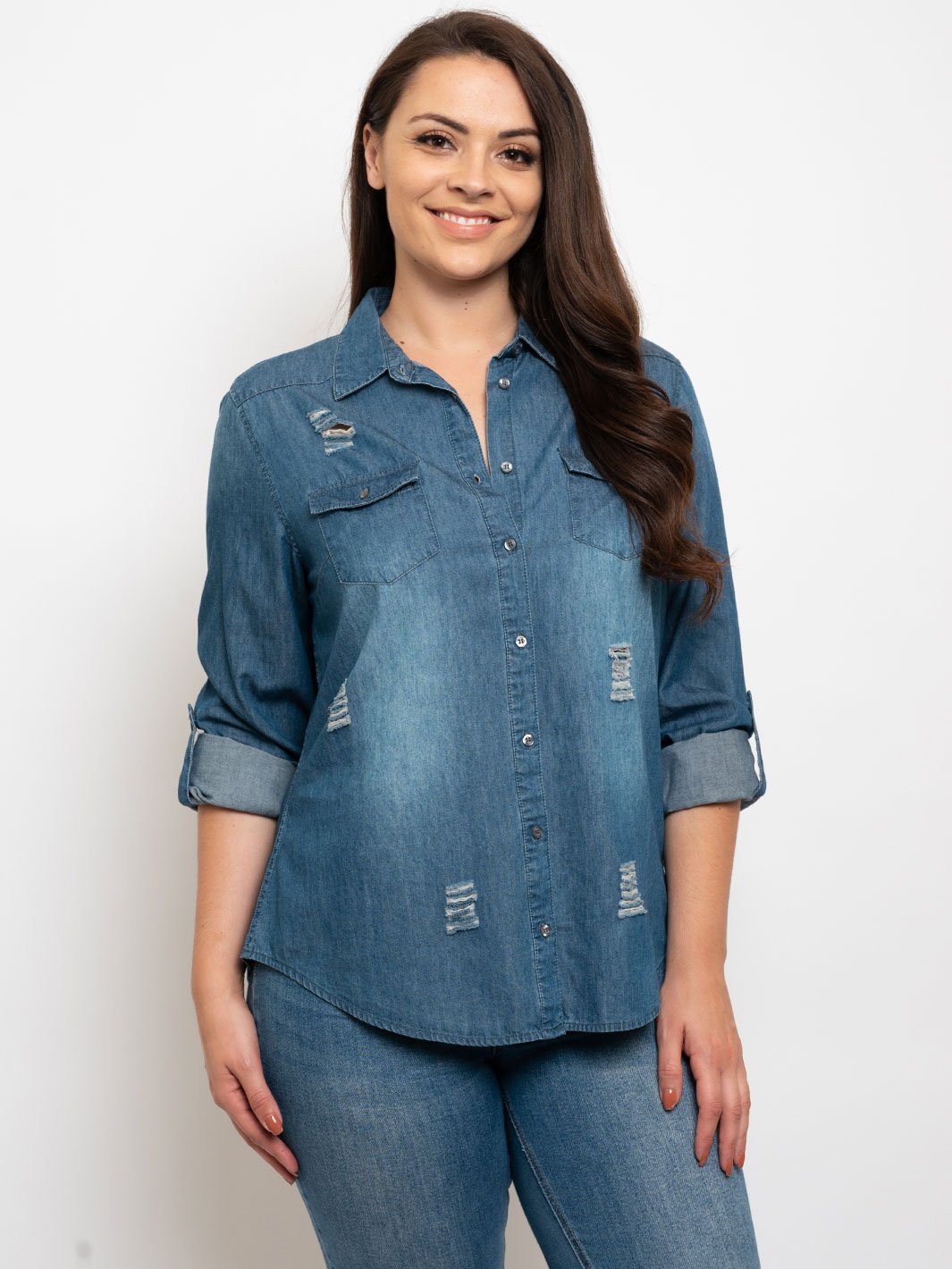 PLUS SIZE DISTRESSED DENIM TOP