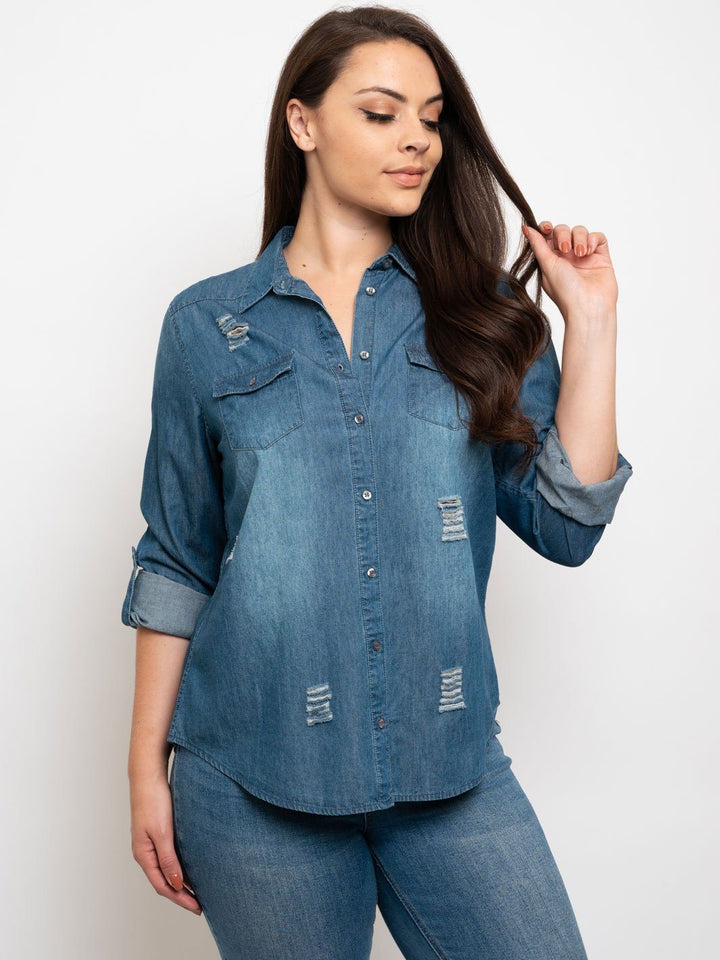 PLUS SIZE DISTRESSED DENIM TOP
