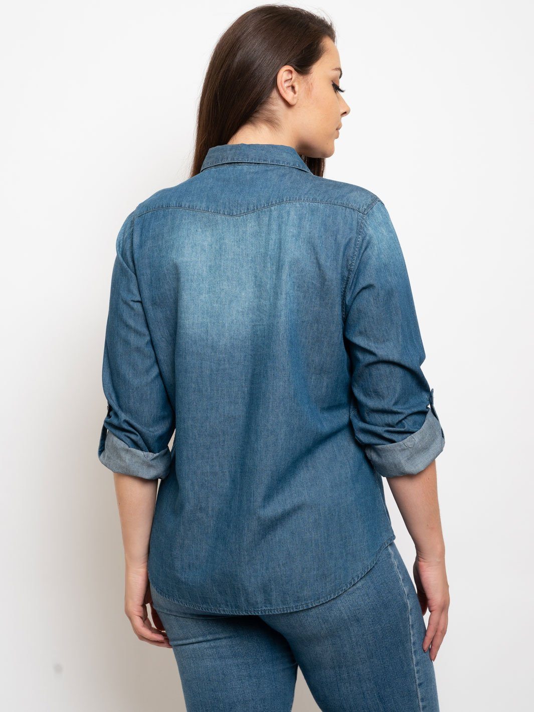 PLUS SIZE DISTRESSED DENIM TOP