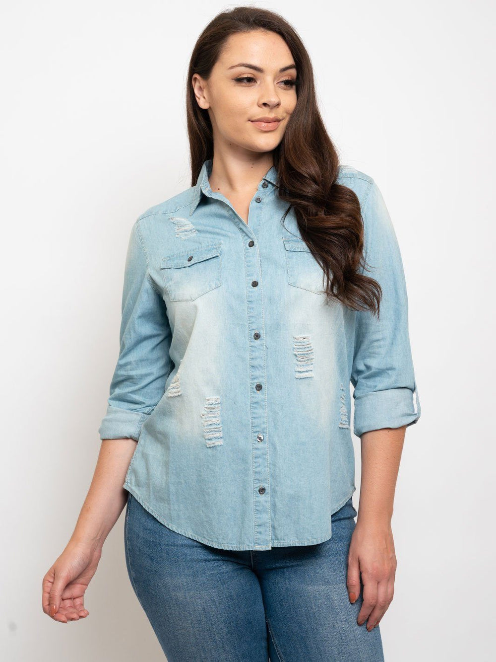 PLUS SIZE DISTRESSED DENIM TOP