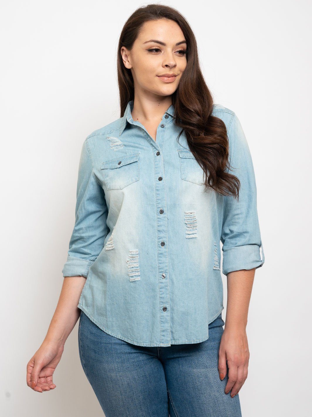 PLUS SIZE DISTRESSED DENIM TOP