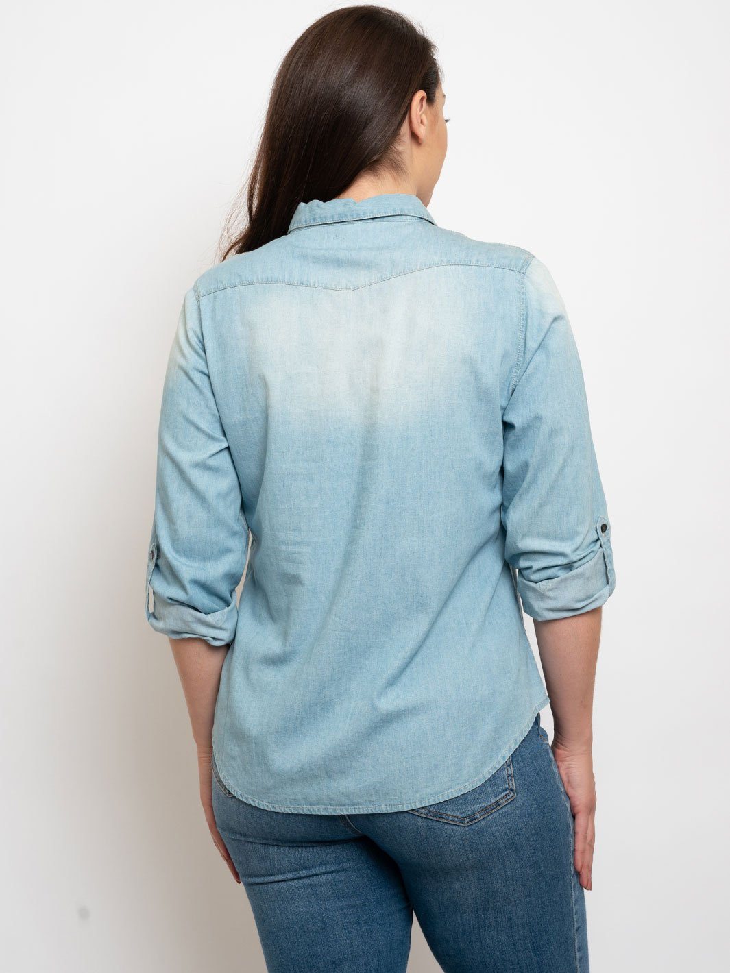 PLUS SIZE DISTRESSED DENIM TOP