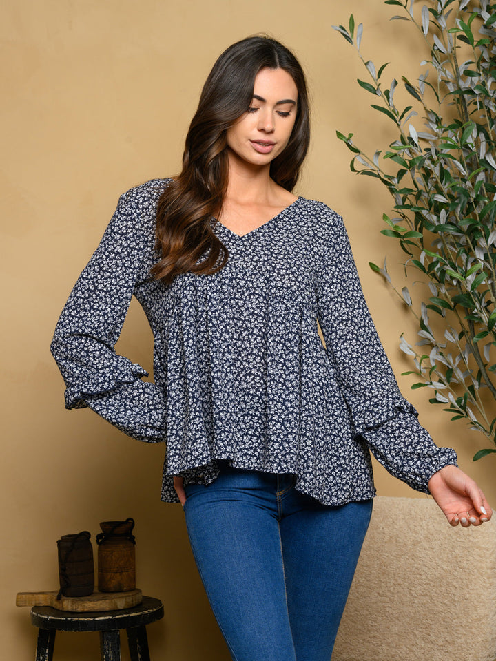 WOMEN'S LONG SLEEVE DITSY PRINT TOP