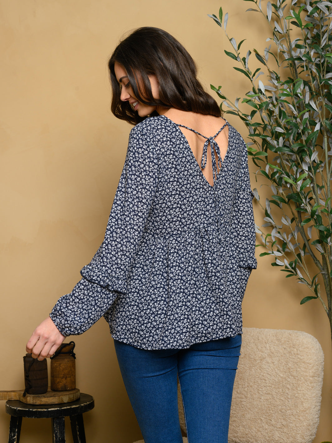 WOMEN'S LONG SLEEVE DITSY PRINT TOP