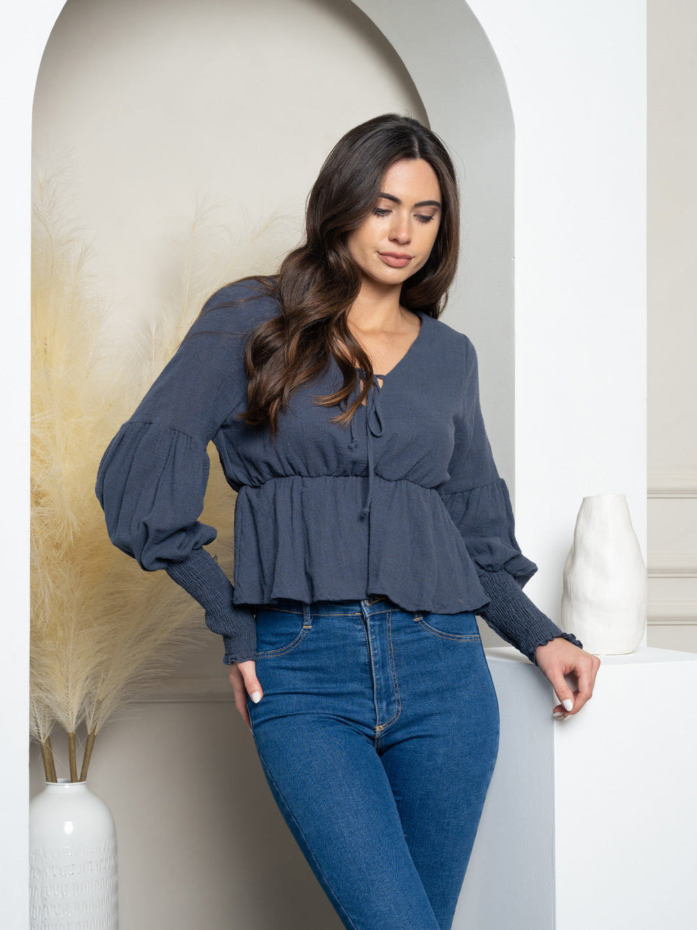 WOMEN'S LONG SMOCK SLEEVE PEPLUM TOP