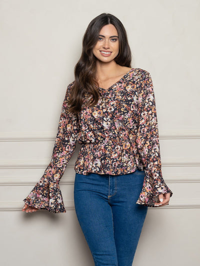 WOMEN'S FLORAL BELL SLEEVE WOVEN TOP
