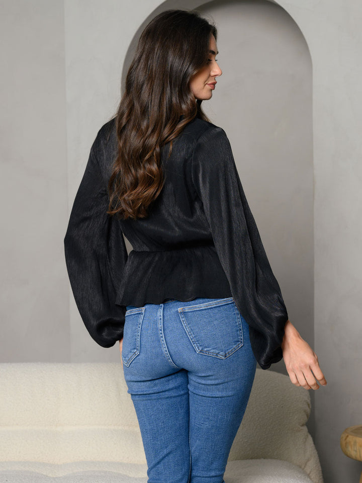 WOMEN'S SURPLICE PEPLUM V-NECK LONG SLEEVE TOP