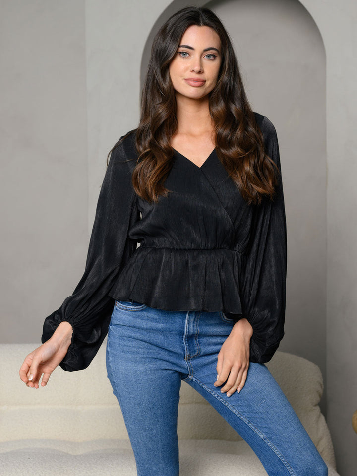 WOMEN'S SURPLICE PEPLUM V-NECK LONG SLEEVE TOP