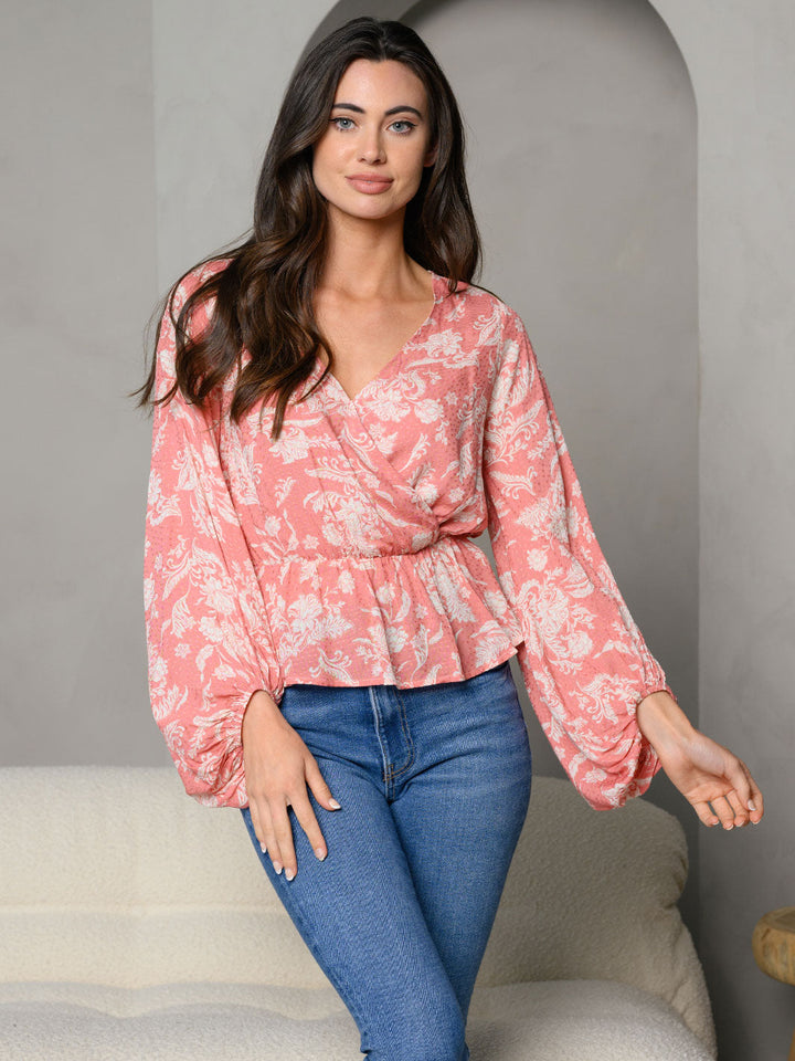 WOMEN'S SURPLICE FLORAL LONG SLEEVE TOP