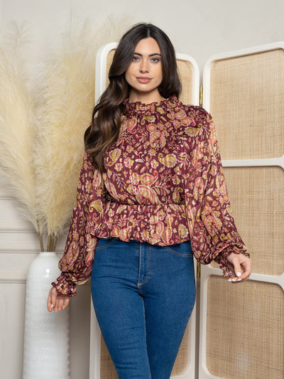 WOMEN'S LONG SLEEVE PAISLEY WOVEN TOP